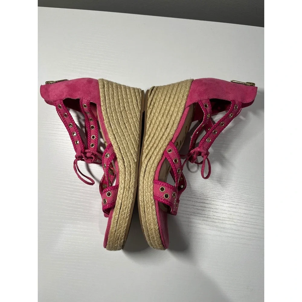 Sam Edelman Elsie Daphne Hot Pink Espadrille Wedge Sandals Grommet Lace Up 5